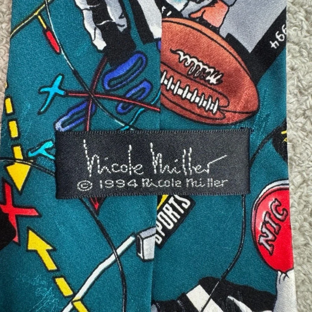 Nicole Miller 1994 ABC Monday Night Football Silk Tie Vintage Teal Sports NFL